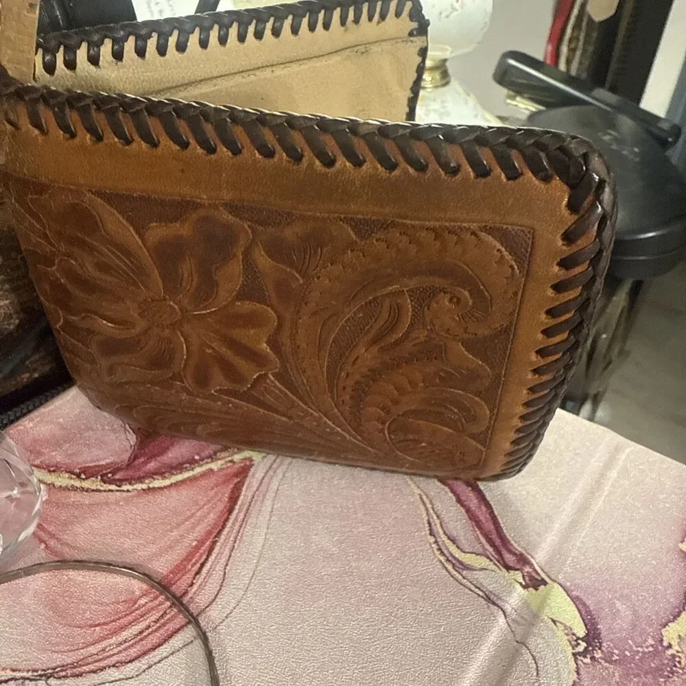 Vintage Hand Tooled Leather Bifold Wallet Floral Western Cowboy Braided Lace